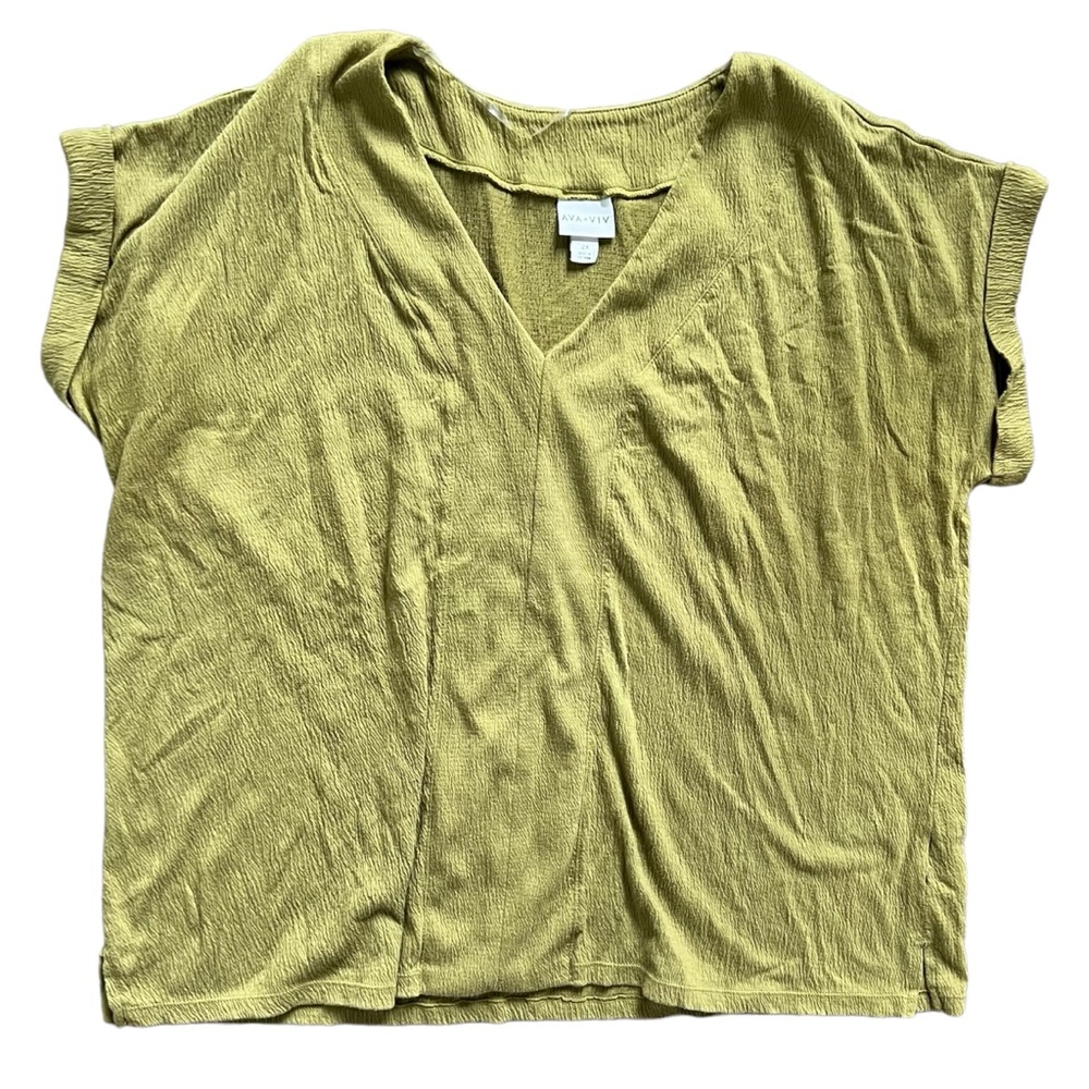 Ava & Viv Cuff Sleeve V-Neck Plus Size Olive Green Blouse Short Sleeves size 2X